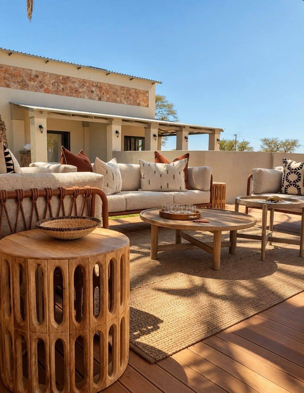 Lounge deck with sofas and wooden tables in front of the farmhouse with its band of natural stone and veranda.